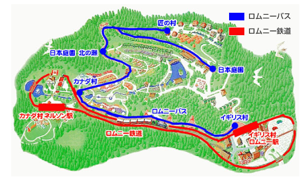 虹の郷マップと青と赤のルートが描かれている