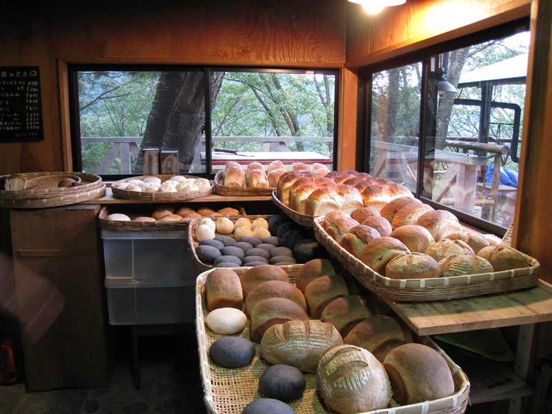 陳列されたパンと窓からの景色